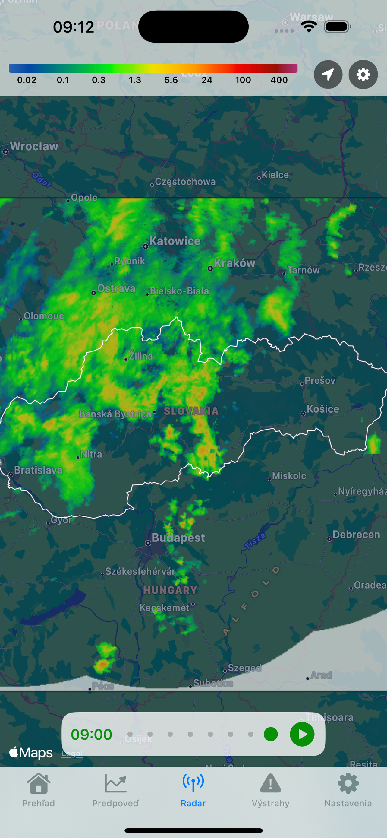 Radarová mapa zrážok na iPhone
